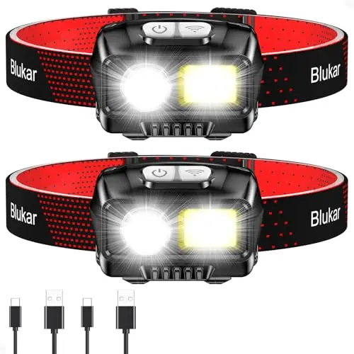 Blukar LED Stirnlampe, wiederaufladbar, 2000L, mit Rotlicht, 2 Stück