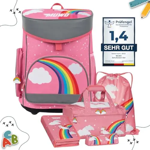 MUWO Kinder Schulranzen Set 5tlg. mit Sporttasche und Zubehör - Einhorn Design
