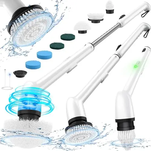 LyriFine Elektrische Reinigungsbürste 7 in 1 mit langem Griff und 2 Geschwindigkeiten für Badezimmer und Fliesen