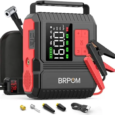 BRPOM Starthilfe Powerbank 160PSI mit Kompressor, 26800mAh, für Benzin- und Dieselmotoren, 600LUM LED-Licht