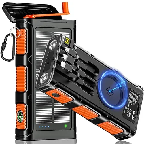 WASTDE Solar Powerbank 26800mAh mit Handkurbel, 7 Ausgängen, USB-C Schnellladung - wasserdichte Outdoor Power Bank für Camping