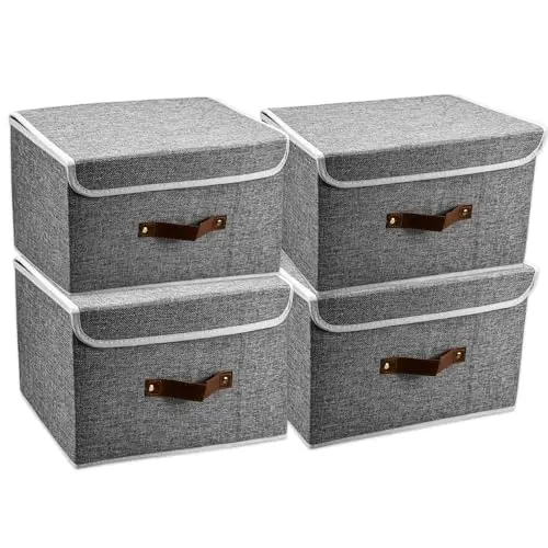 KYYGKY 4 Faltbare Aufbewahrungskörbe Grau - Stoffbox mit Griff und Deckel, 37,5 x 24,5 x 24,5 cm, Organizer für Kleidung und Bücher