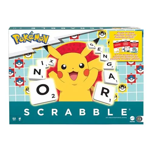 Mattel Scrabble Pokémon-Brettspiel für die ganze Familie mit 50 Herausforderungskarten, für 2-4 Spieler, Deutsche Version