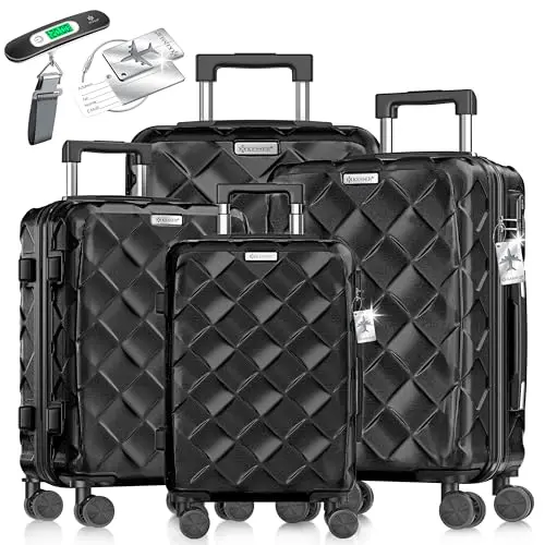 KESSER® 4-teiliges Reisekoffer Set - Hartschalenkoffer mit Zahlenschloss, Kofferwaage & Reisebrieftasche - Schwarz