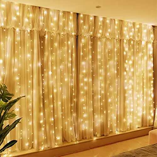 HXWEIYE 300LED Lichtervorhang Warmweiß, 3m x 3m mit Fernbedienung & Timer für Weihnachten und Partys