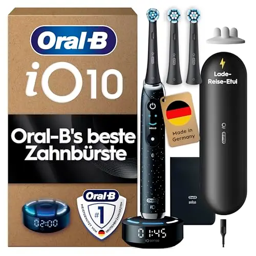 Oral-B iO Series 10 Elektrische Zahnbürste mit 3 Aufsteckbürsten, Lade-Reise-Etui, 7 Reinigungsmodi, Schwarz