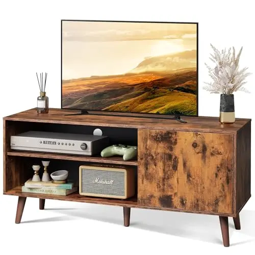 WLIVE TV Schrank für Fernseher bis 55 Zoll, TV Lowboard mit offenem Stauraum, Vintagebraun-Schwarz
