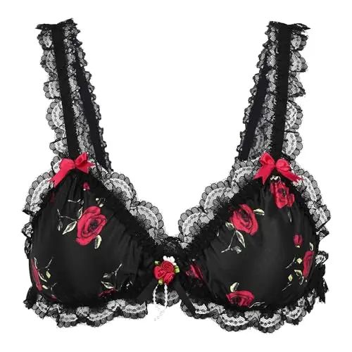 Satini Sissy Rüschen Bralette BH mit Rosenmuster (Schwarz, M)