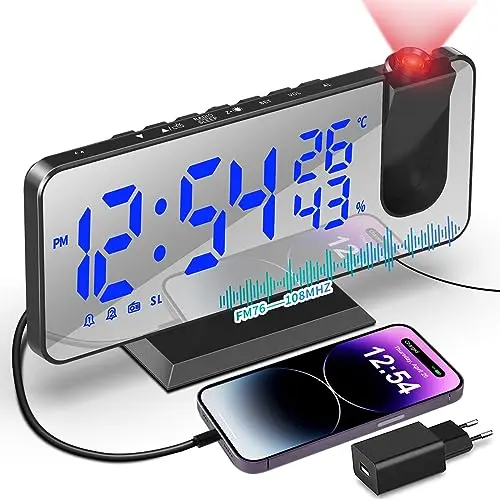 TAKRINK Projektionswecker mit Dual-Alarm und Temperaturanzeige, 4 Stufen Bildschirmhelligkeit, USB-Anschluss