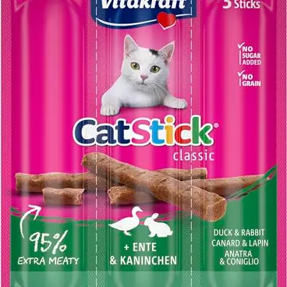 Vitakraft Cat Stick Classic, Ente und Kaninchen, Katzensnack, 3 x 6g, ohne Zucker