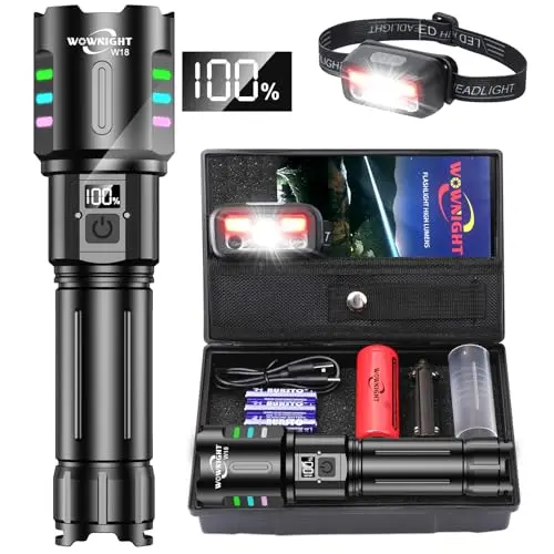 WOWNIGHT Aufladbare LED Taschenlampe – Extrem hell, 1000000 Lumen, 5 Modi, ideal für Outdoor und Camping