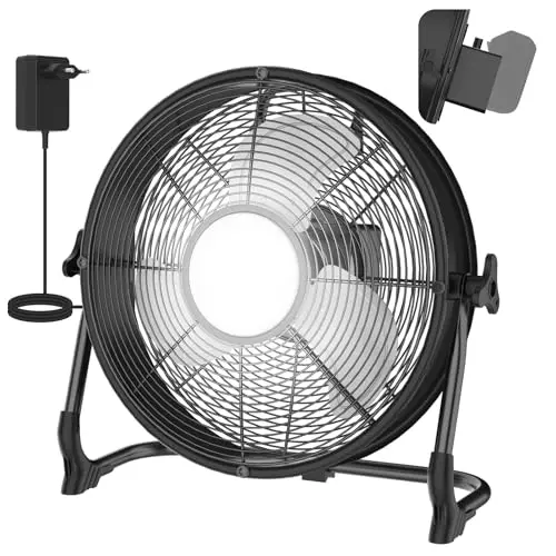 T-SUN Akku Ventilator mit Lampe, 30cm, 3 Modi, neigbar, USB/Type C, ohne Akku, für Werkstatt & Baustelle