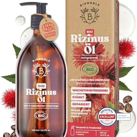 BIONOBLE Rizinusöl Bio - 100% Natürlich & Kaltgepresst - Für Haare, Wimpern & Haut - 500ml mit Pumpe