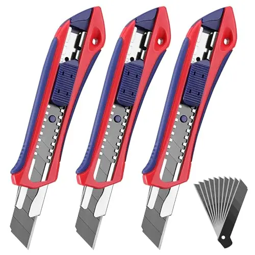 WORKPRO 3 Stück Cuttermesser-Set 18 mm mit Ersatzklingen, Profi, Gummigriff, Mehrzweck Messer für Papier und Karton