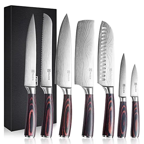 PAUDIN 7-teiliges Küchenmesserset aus Edelstahl mit ergonomischem Holzgriff, ideal als Geschenk