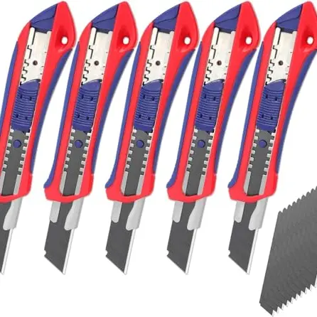 WORKPRO 5er Cuttermesser Set 18mm mit Ersatzklingen – Profi Kartonmesser, Mehrzweckmesser, Gummigriff, zum Schneiden von Papier und Karton