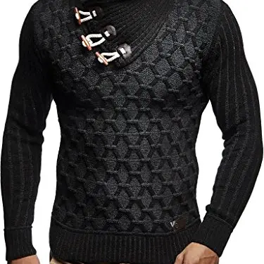 Leif Nelson Herren Strickpullover mit Schalkragen - Moderner Wollpullover Schwarz Anthrazit