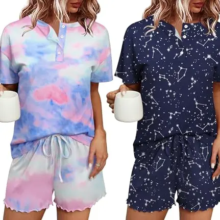 Ekouaer Damen Baumwoll Schlafanzug 2er Pack Kurzarm Pyjamas mit Shorts Sleepwear