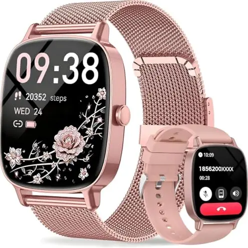 Smartwatch Damen mit Telefonfunktion, 1.85" HD Touch, 120+ Sportmodi, IP68 wasserdicht, Herzfrequenz- & Schlafmonitor, mit 2 Armbändern - Rose
