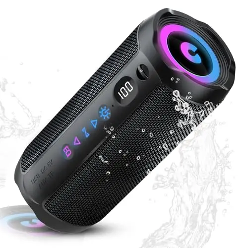 Bluetooth Lautsprecher mit Licht, 25W, IPX7 wasserdicht, 25 Std Akku, TWS, AUX & TF, ideal für Outdoor & Party
