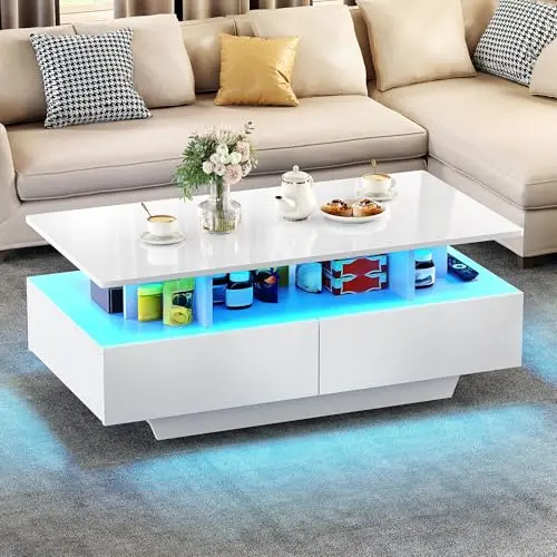 YITAHOME Wohnzimmertisch Weiß mit 16-Farbiger LED Beleuchtung, Beistelltisch mit Regal und 4 Schubladen, 90x55x41,1 cm