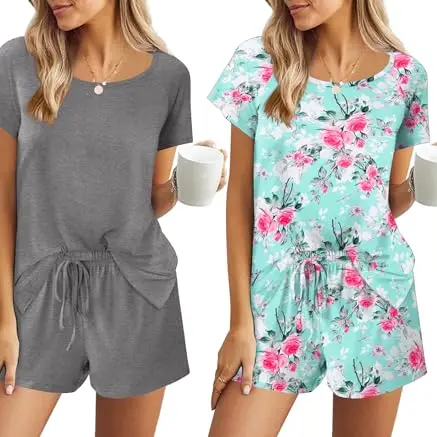 Ekouaer Damen Schlafanzug 2er Pack, Kurzarm, Bequemer Hausanzug mit Kordelzug, Grau mit Blumen, Größe 3L