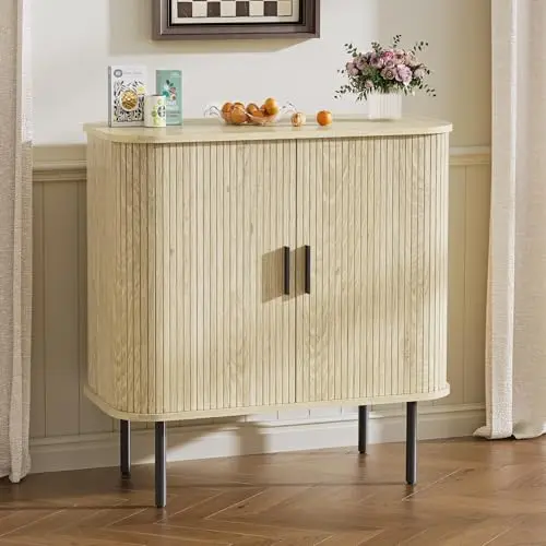 BonVache Sideboard mit Tambour-Schiebetüren für Wohnzimmer und Esszimmer, Aufbewahrungseinheit, modernes Design, Natur-Optik