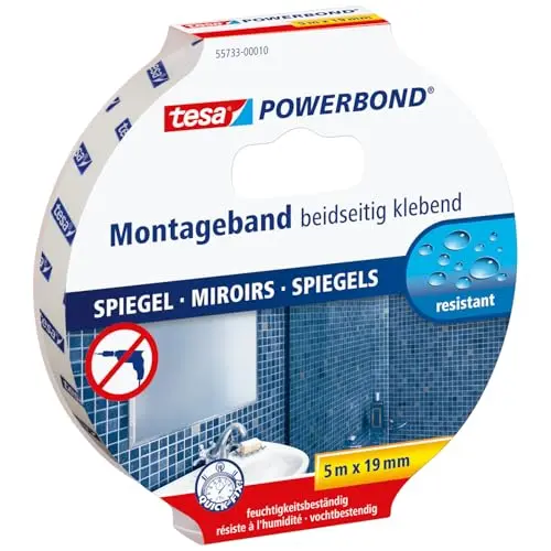 tesa Powerbond MIRROR - Doppelseitiges Montageband für Spiegel - 5 m x 19 mm