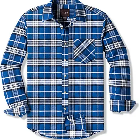 CQR Herren Flanell Langarmhemd, Button-up, Blau & Weiß, Größe S