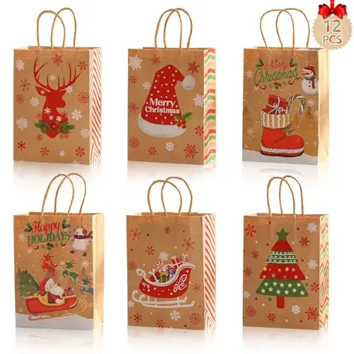 12 Geschenktüten Weihnachten Klein mit Griffen, 6 Stile mit Weihnachtsdruck, 21cm x 15cm x 8cm