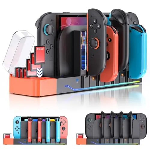[Fit für Joycon 2&1] 8-in-1 Controller Ladestation für Nintendo Switch 2 mit 6 Spielkartenspeichern und 9 RGB-Lichtern