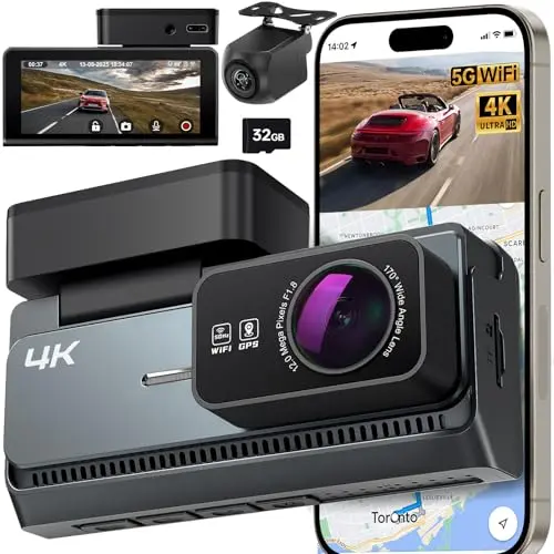 Dashcam Auto 4K+2K mit WiFi und GPS, 32GB SD Karte, Dual Kamera, 3,39" Display, Nachtsicht, 24/7 Parküberwachung