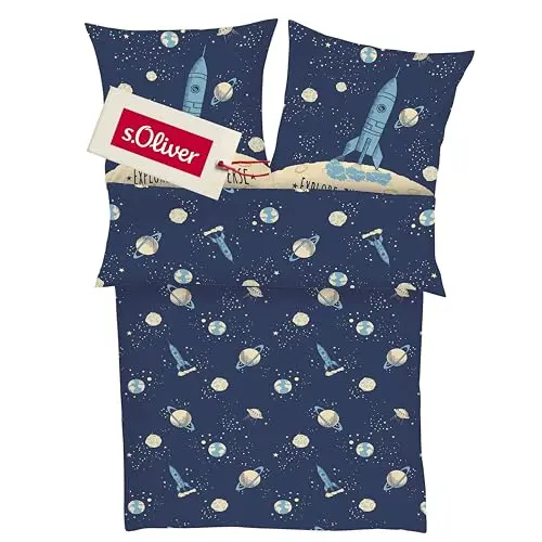 s.Oliver Kinderbettwäsche Universum 135x200 cm – 100% Baumwolle, Astronaut & Rakete, 2tlg. blau