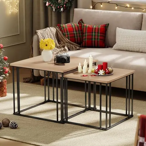 YITAHOME Couchtisch 2er Set aus Holz und Metall, modern, Bauernhausstil, für Wohnzimmer und Esszimmer