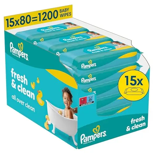 Pampers Fresh Clean Feuchttücher, 15 Packungen mit 80 Stück - für Hände und Gesicht geeignet