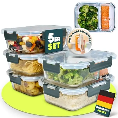 uandu Meal Prep Boxen aus Glas mit 2 Fächern – 5-teilig – BPA-frei und mikrowellengeeignet