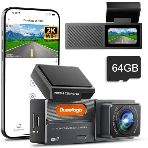 Dashcam Auto Front 2K mit WiFi, 64GB-Karte, Super Nachtsicht, 170° Weitwinkel, G-Sensor, Loop-Aufnahme, APP-Steuerung