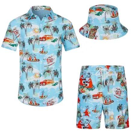 Herren Weihnachts-Hawaiihemd & Shorts Set, Strandoutfit, Tropenlook, Blau, Größe XXL
