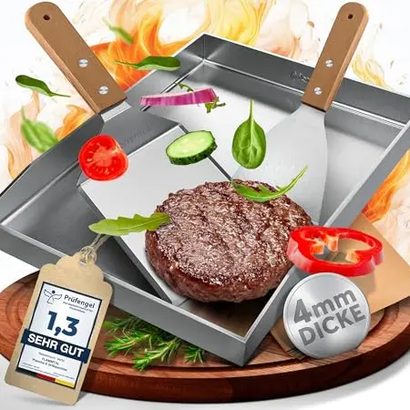 Flammtal Grillplatte aus rostfreiem Edelstahl 40 x 30 cm - Plancha Set mit Grillspachtel und Burgerpapier