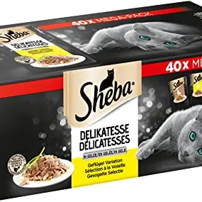 Sheba Katzennassfutter Delikatesse in Gelee, 40 Portionsbeutel – feine Geflügelvariation mit Ente und Huhn