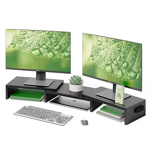BONTEC Holz Monitorständer für 2 Monitore, Höhenverstellbar mit Handyhalter, Ergonomisch für Büro und Homeoffice