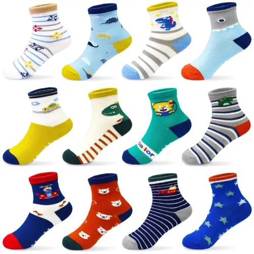 SUOSDEY Anti-Rutsch Socken für Kinder - 12 Paar Rutschfeste Baumwollsocken für Jungen (3-5 Jahre)