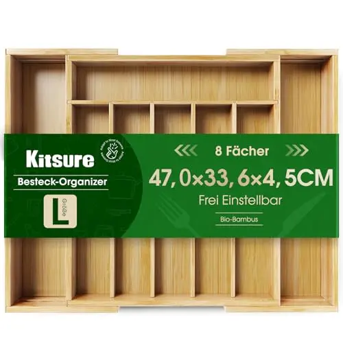 Kitsure Besteckkasten für Schubladen – 8-Fächer Küchen Organizer aus Bambus, 33,6 x 4,5 x 29-47 cm