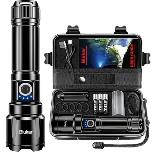 Blukar LED Taschenlampe, 500000L, Zoombar, 5 Lichtmodi, IP67 Wasserdicht für Camping & Outdoor