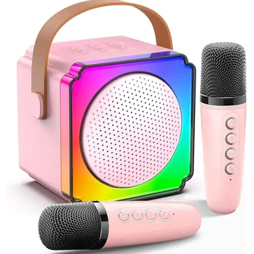 Karaoke Maschine für Kinder mit 2 Drahtlosen Mikrofonen und LED Lichtern (Rosa)