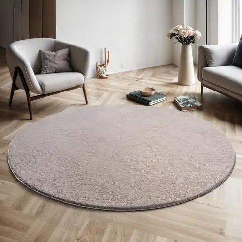 Relax Moderner Flauschiger Teppich, Rund 120 x 120 cm, Waschbar, Super Soft, Sand