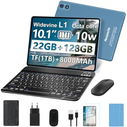 Fezawio 10 Zoll Android 14 Tablet mit 22GB RAM, 128GB ROM, 5G WiFi, Tastatur und Maus, 8000mAh, Blau