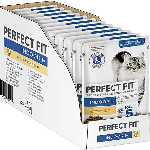 Perfect Fit Indoor 1+ Katzennassfutter mit Huhn und Erbsen – Portionsbeutel (12 x 85g)