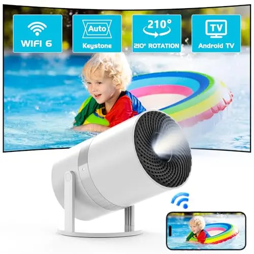 Mini Beamer mit Android OS und 210° Drehung, Smart Beamer mit WiFi6, Bluetooth und 50% Zoom, Full HD 1080P für Heimkino und Outdoor