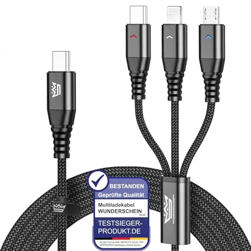 Wunderschein 3-in-1 USB-C Multiladekabel 120 cm – USB-C, Lightning & Micro-USB – Schnelllade- und Datendieb für Handy & Tablet